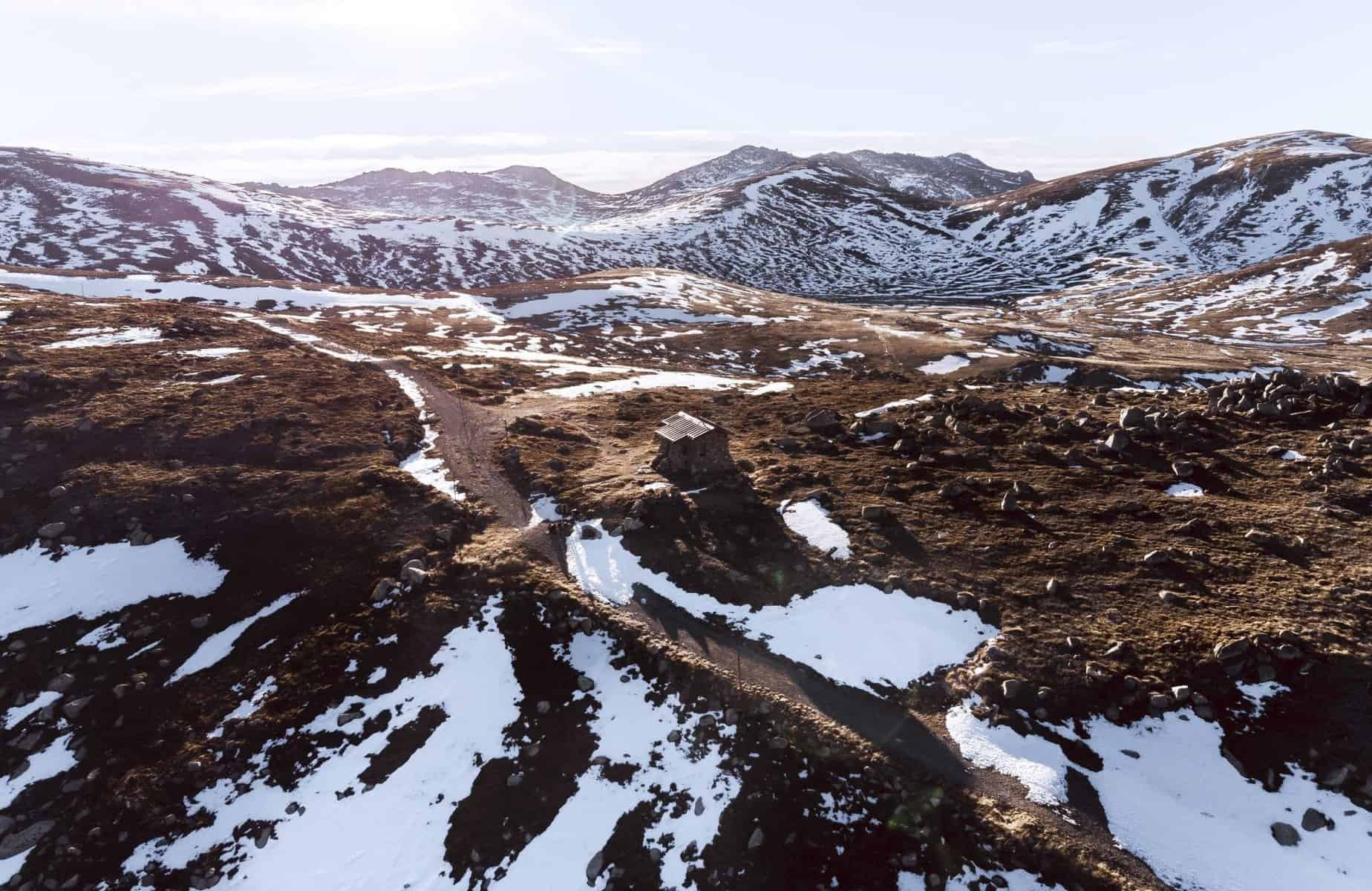 Scenic aerial overlooking the alpine backcountry in Kosciuszko National Park.